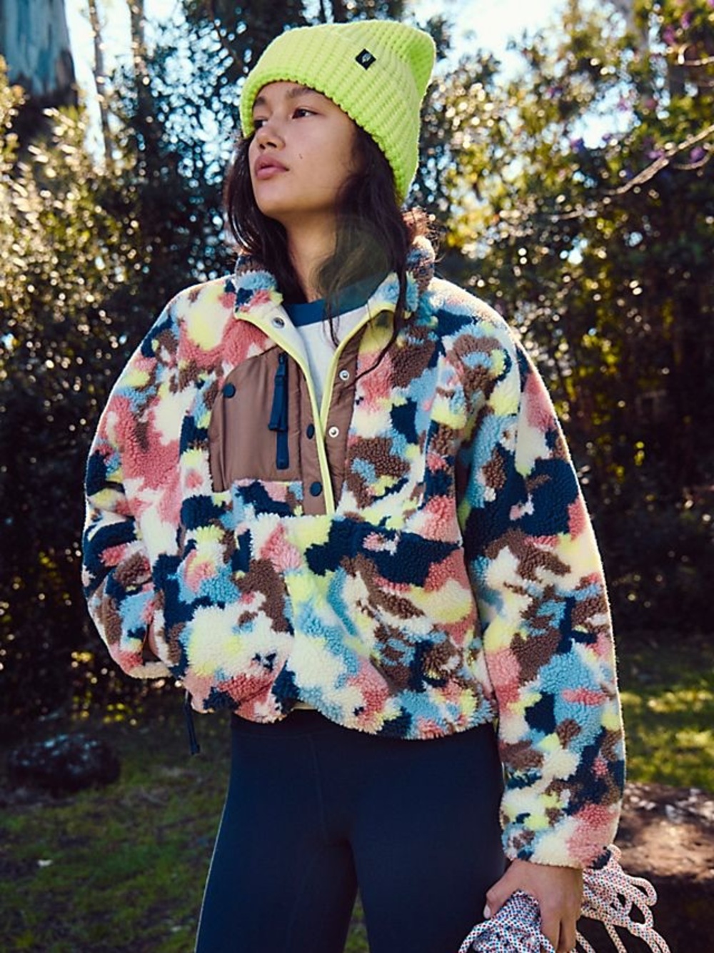 NWOT FREE PEOPLE MOVEMENT Hit The Slopes Printed Fleece Pullover | Camo Combo